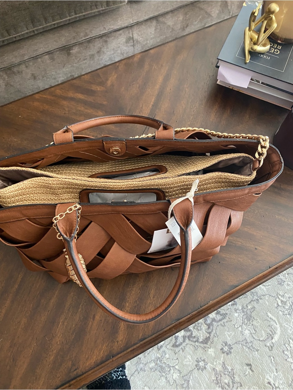 NWT Woven Top-Handle Tote Bag in Brown w/ Natural Raffia clutch insert - 3 in 1